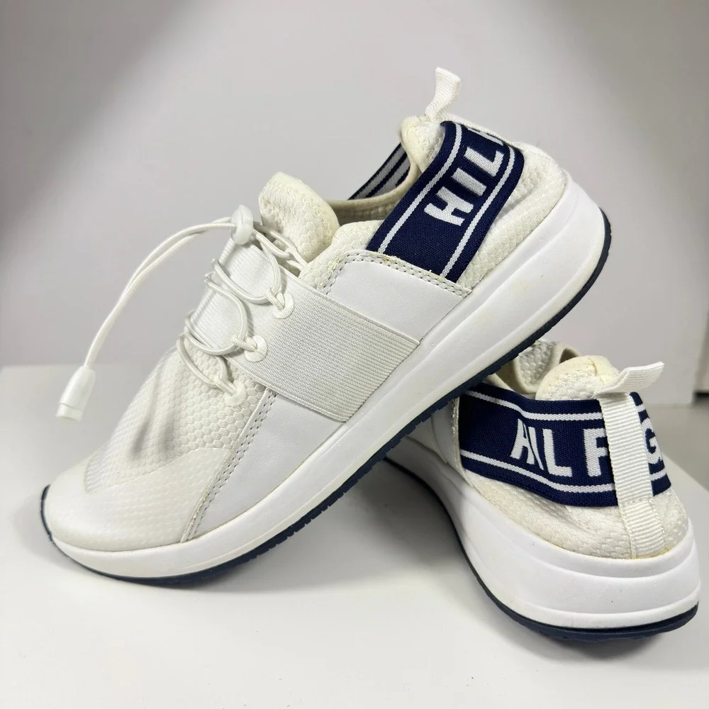 Tommy Hilfiger TWROOTS Sneakers Womens 8.5 White Navy Blue Bungee Logo Strap